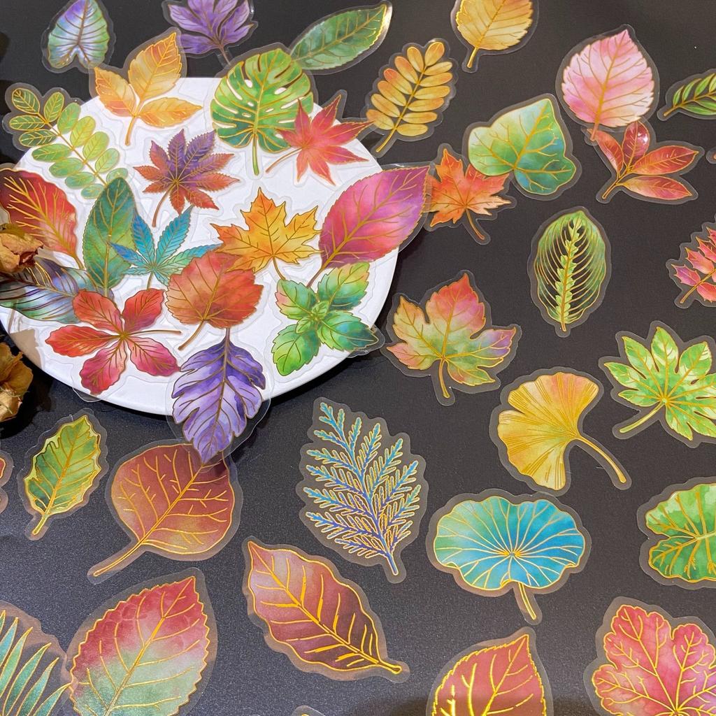 50Pcs/Set Vintage Colorful Leaves Gold Stamping PET Stickers DIY Waterproof Fashion Decals Journal Stickers