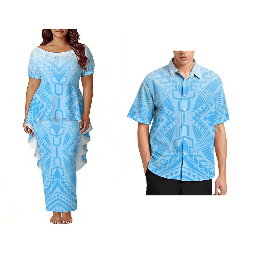Custom Polynesian Bubble Short Sleeve Long Dress Lady Puletasi Dress Match Plus Size Men Stiff Neck Shirt Sets off Couples 2pcs
