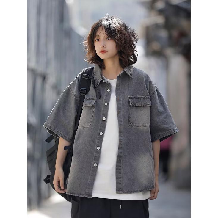 Рубашка с коротким рукавом в стиле ретро из джинсовой ткани, летняя модная мужская и женская марка, японский ретро-тренд с коротким рукавом, классная и свободная рубашка