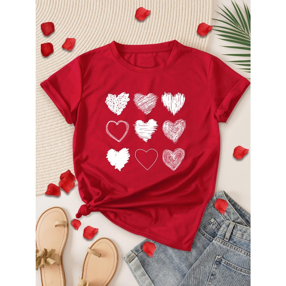 Women Cotton Short Sleeves T-shirts Doodle Hearts Women's Tee Valentine's Day Graphic Casual Love Top