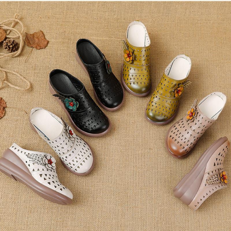 Johnature Женские тапочки из натуральной кожи с цветочным узором в этническом стиле, дышащая обувь на танкетке