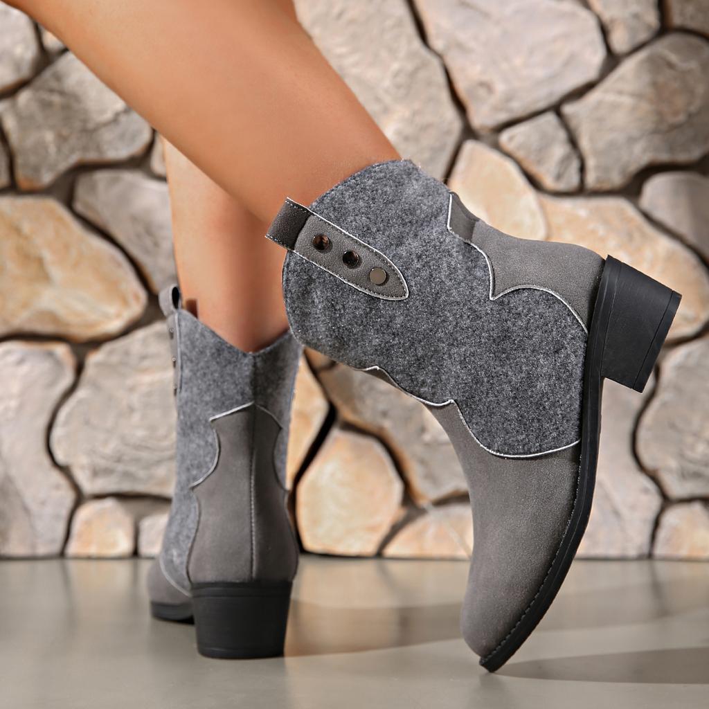 New Style Women's Summer Retro Round Toe Chunky Heels Suede Western Boots with Hollow Design and Rivets Cowboy Boots Shoes