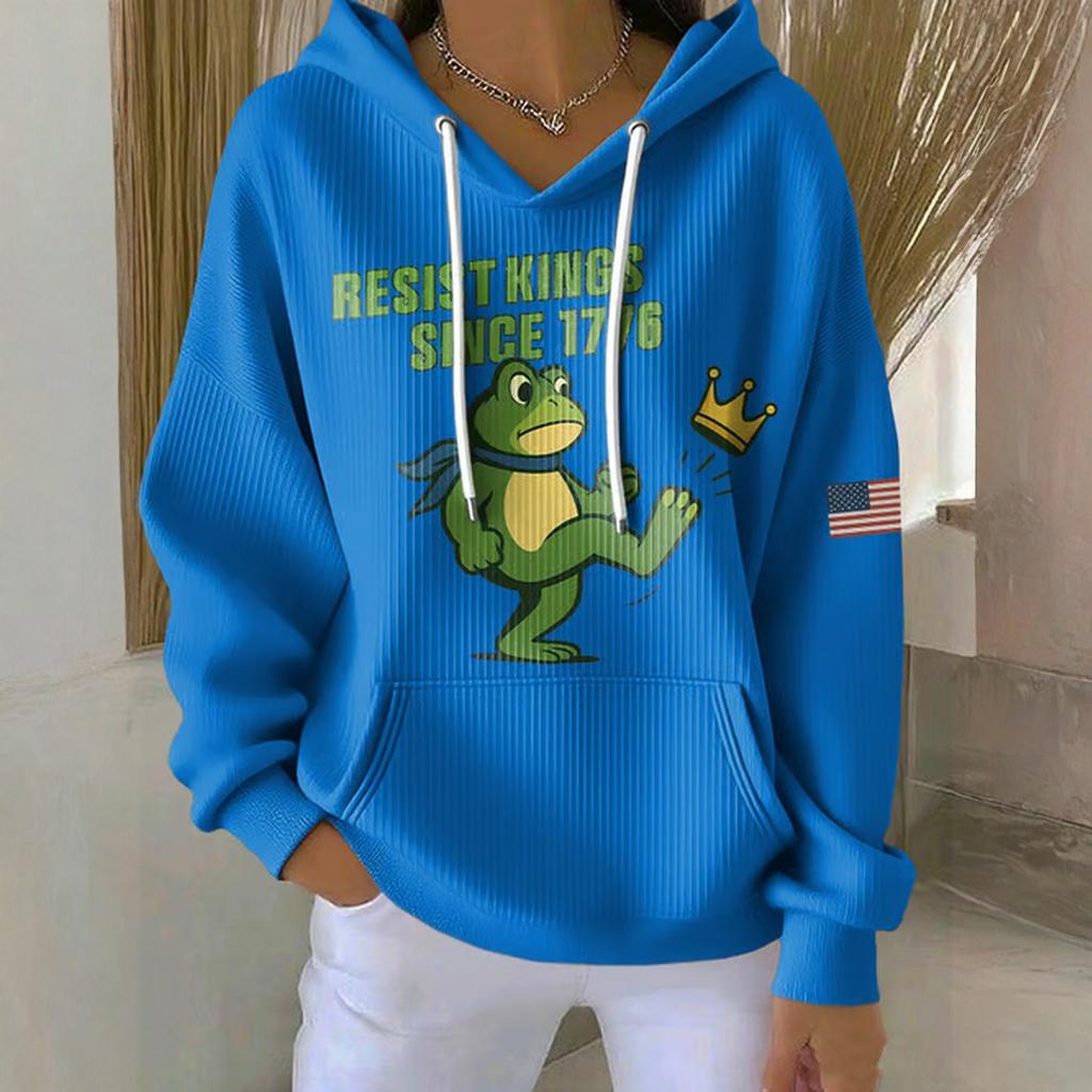 Женское свободное и удобное худи с принтом, V-образным вырезом и длинными рукавами на кулиске