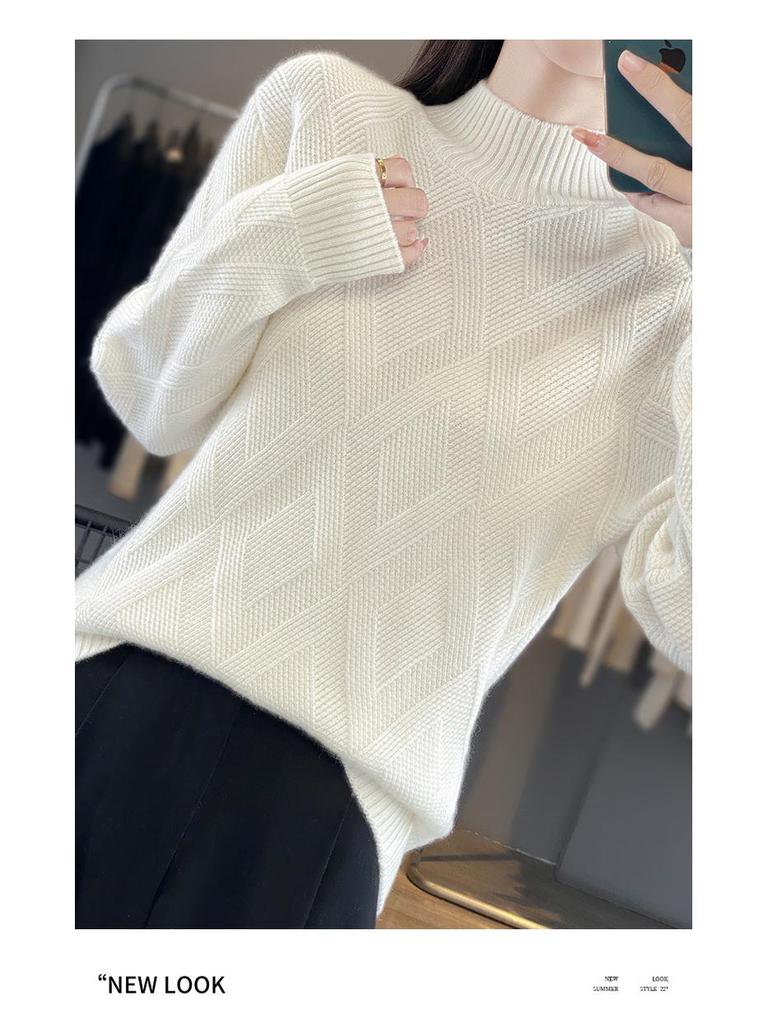 Универсальный женский шерстяной свитер: Водолазка, Однотонный, Ромбовидный узор, Теплый и Удобный Пуловер