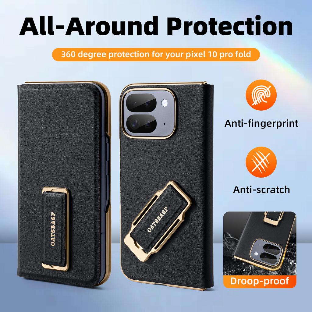 Oatsbasf Leather Case for Google Pixel 9/10 Pro Fold with Grip Ring Finger Strap Full Phone Case Shockproof Wristband Flip Cover