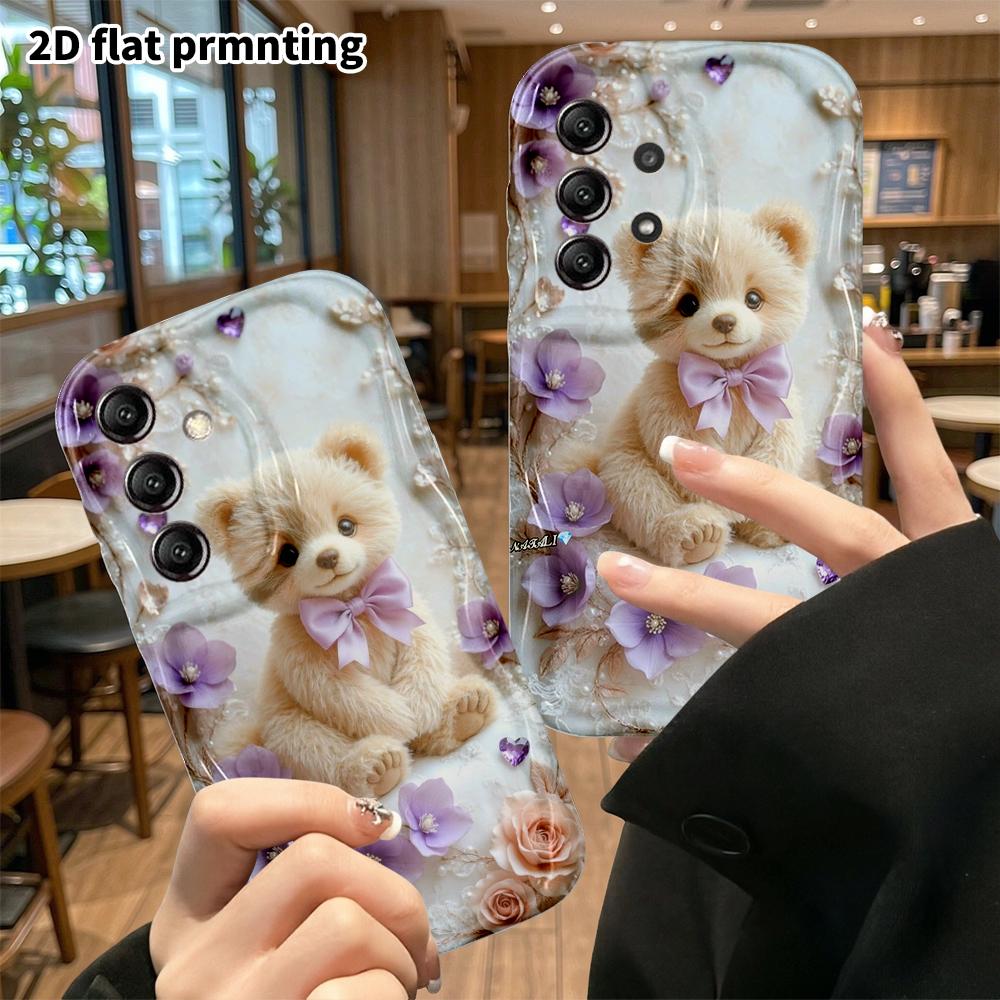 Phone Case: 2D flat, fits Samsung Galaxy A34 A35 M05 M06 S20 S22 S21 FE Plus 5G, purple flowers with light brown bear, perfect Christmas and Halloween