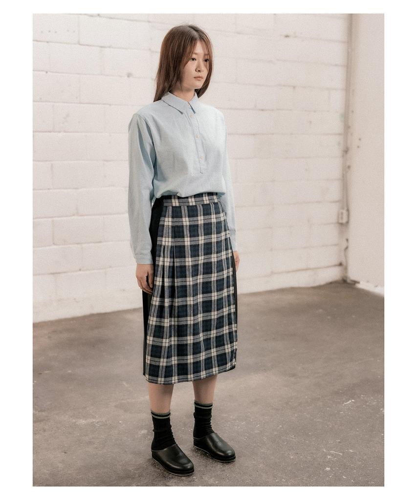 Cotton Bell Check Overlap Skirt - Navy Check