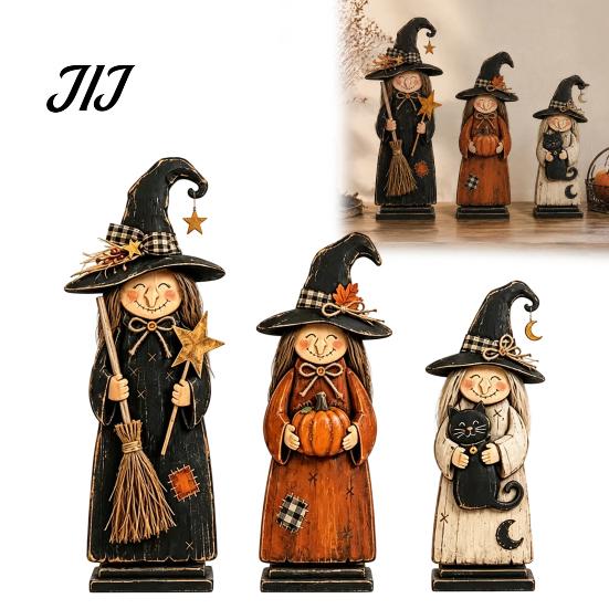Vintage Style Witch Party Supplies Wooden Figurine, Halloween Statues with Hand Painted Figurine Sets Broom Pumpkin Black Cat, Fall Farmhouse Tabletop