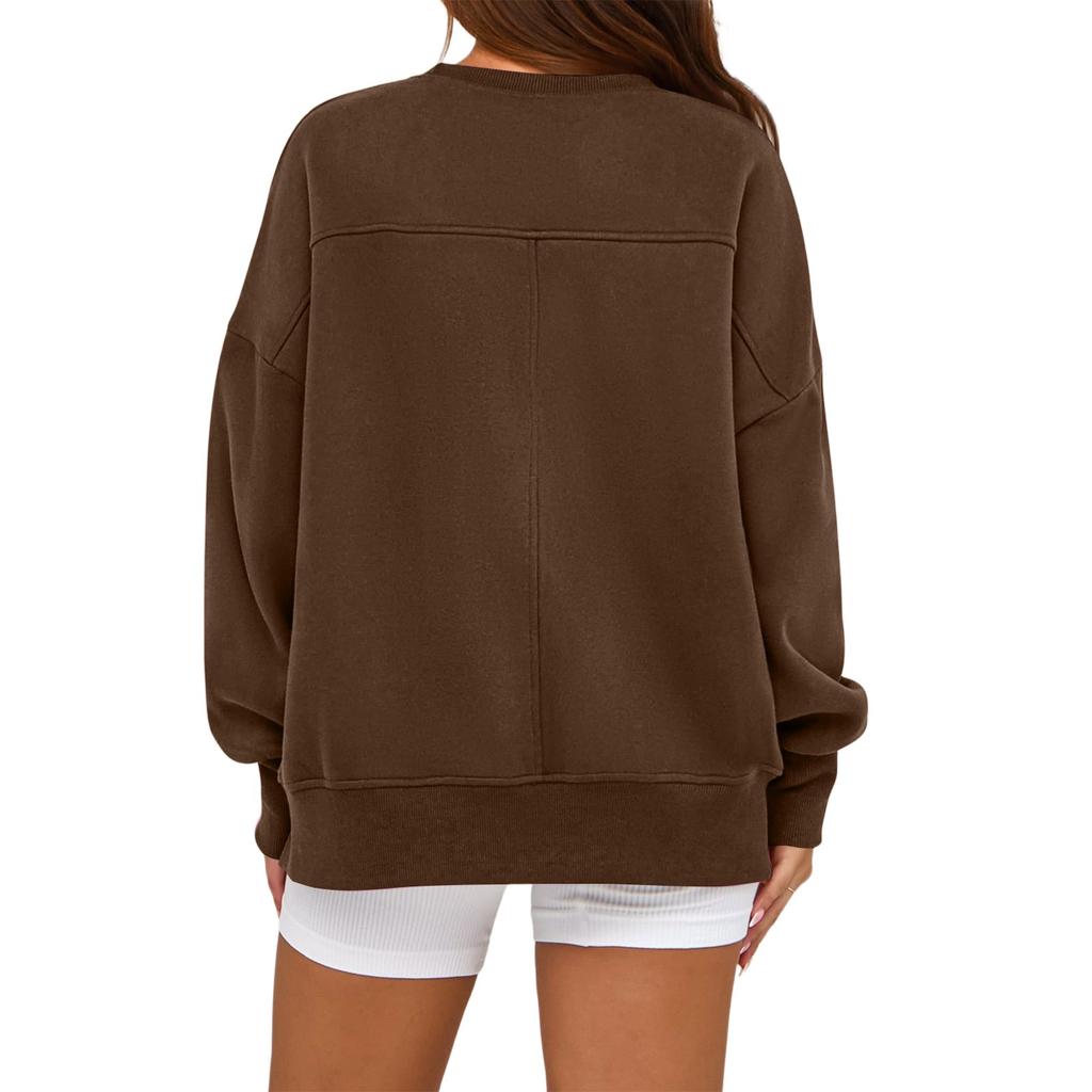 Ladies' Casual And Fashionable Solid Color Round Neck Long Sleeved Slit Loose And Comfortable Sweatshirt