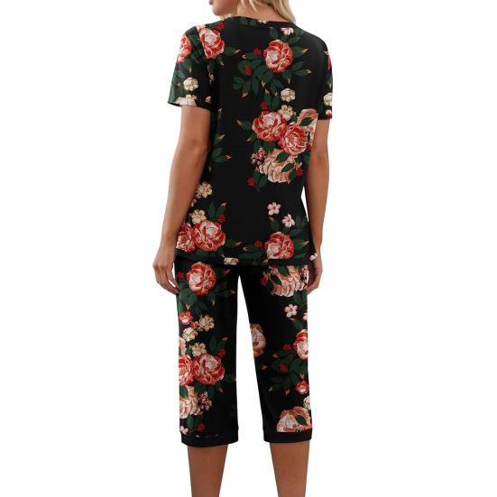 2 шт./комплект, женская летняя пижама с цветочным принтом, V-образный вырез, короткий рукав, рубашка, эластичный пояс, укороченные брюки, домашняя одежда, повседневный наряд, весенняя одежда для сна