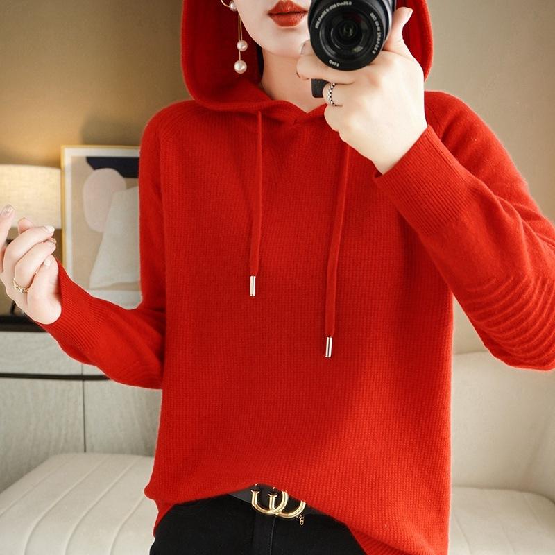 Spring and Autumn New Trendy Slim Short Solid Color Sweater Women's Loose Casual Hooded Jacket Pullover Knitted Sweater