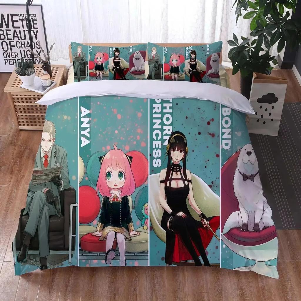 Cute Spy X Family Anime Duvet Cover Kawaii Soft Skin-Friendly Breathable Bedding Set with Zipper for Boys Girls Bedroom Decor