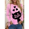 Осенне-зимняя женская футболка с длинным рукавом и принтом в виде милого котенка в полоску с 3D-принтом, женская уличная одежда с круглым вырезом и длинным рукавом