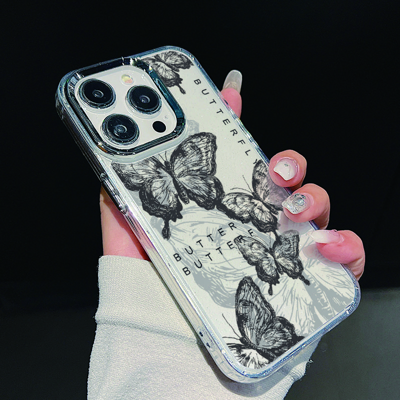 Electroplating Lens Frame Flower Butterfly Case For iPhone 15 16 Pro Max Plus 12 13 14 Pro 11 Transparent TPU Phone Cover