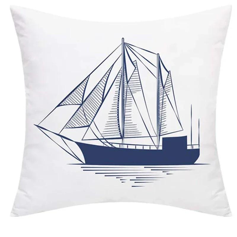 Blue Anchor Sailboat Rudder Nautical Throw Pillow Cover With Short Plush Print For Living Room Sofa Decoration Cushion Cover