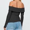 Women Y2k Off Shoulder Button Up Ribbed Knit Sweater Vintage Slim Fit Long Sleeve Foldover Pullover Top