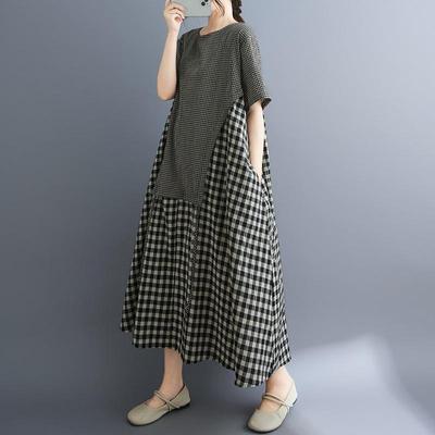 Короткий рукав Плюс размер Хлопок винтажная клетка новые платья для женщин повседневное свободное длинное летнее платье