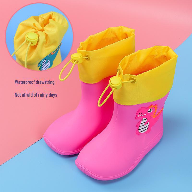 Детские непромокаемые сапоги с мультяшным динозавром, со шнурком, на хлопковой подкладке, для мальчиков и девочек, идеально подходят для детского сада.