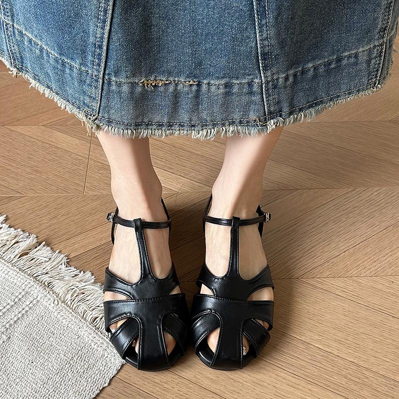 Fashion Baotou Sandals Summer New Round Toe Hollow Open Toe One Strap Soft Sole Non-slip Wear-resistant Low Heel Shoes