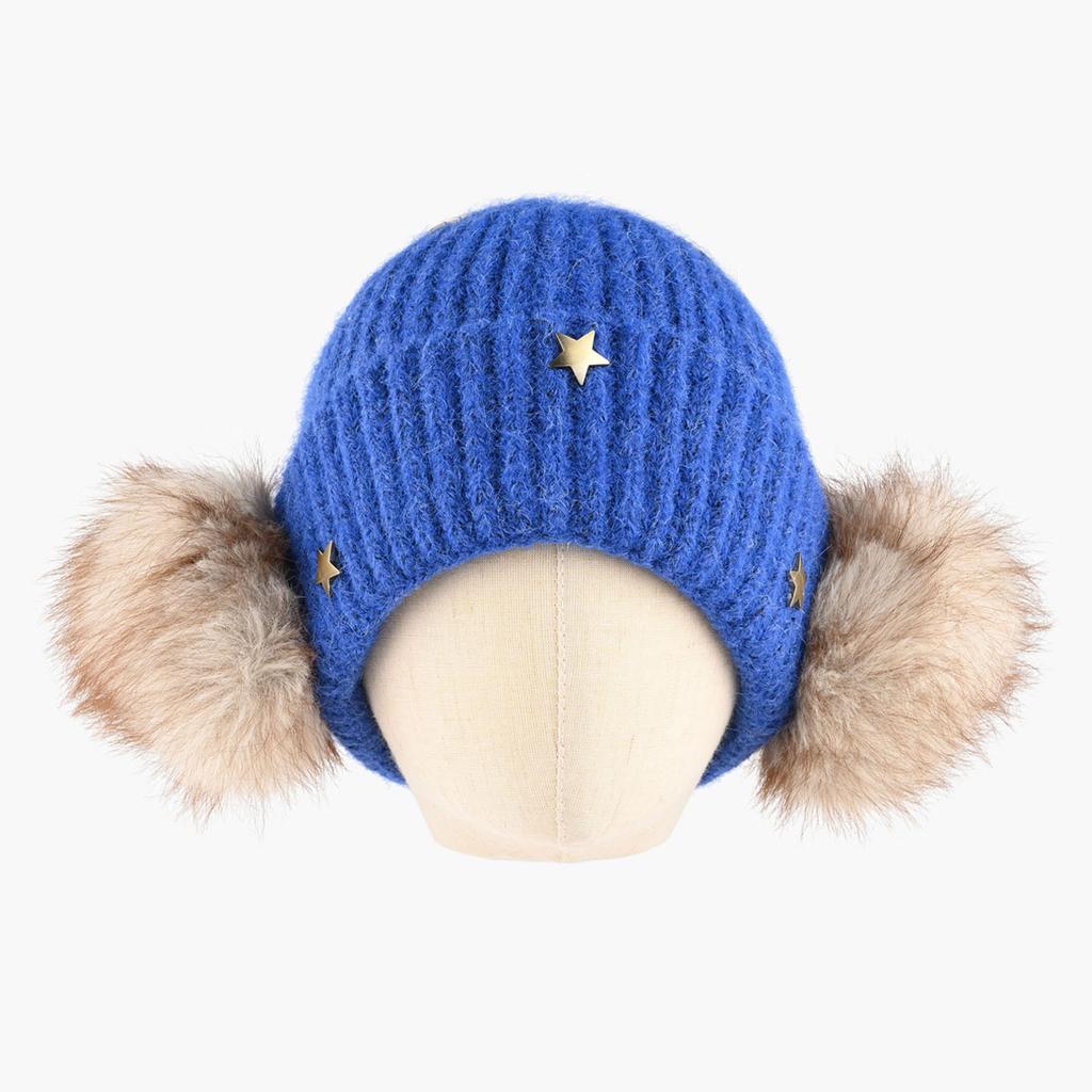 Retro star three-dimensional pom-pom knitted hat for men and women, thickened warm ear protection headgear hat in winter, wool cold hat