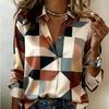 Women Satin Retro Earth‑Tone Patchwork Geometric Print Shirt Long Sleeve Lapel Button Down Blouse Casual Office Ladies Multi Color Top