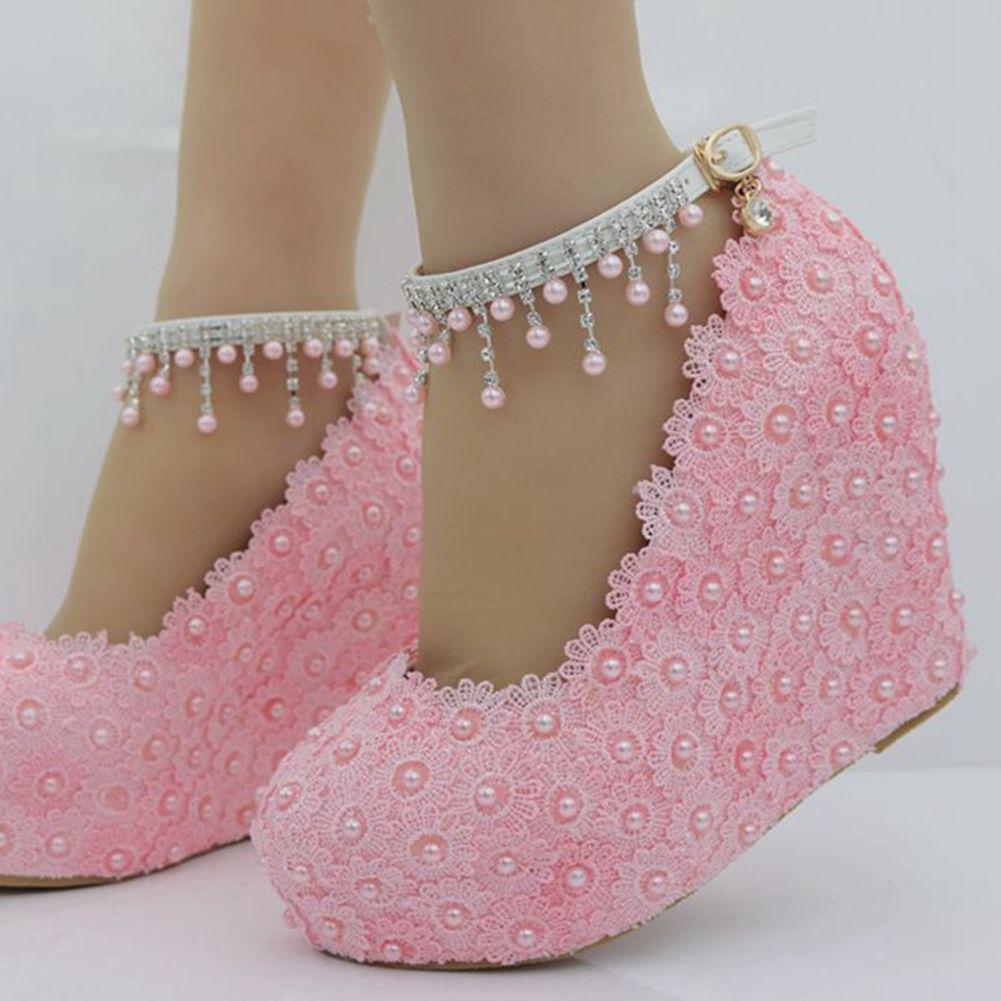 Белые туфли-лодочки на танкетке, свадебные туфли-лодочки, милые белые туфли-лодочки с кружевом и жемчугом, на платформе, классические туфли для невесты на высоком каблуке