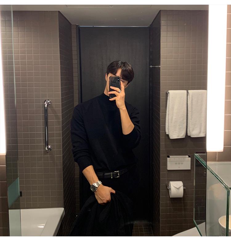 Мужской свободный свитер с высоким воротником Осень/Зима: Корейский стиль, Однотонный, Длинный рукав.