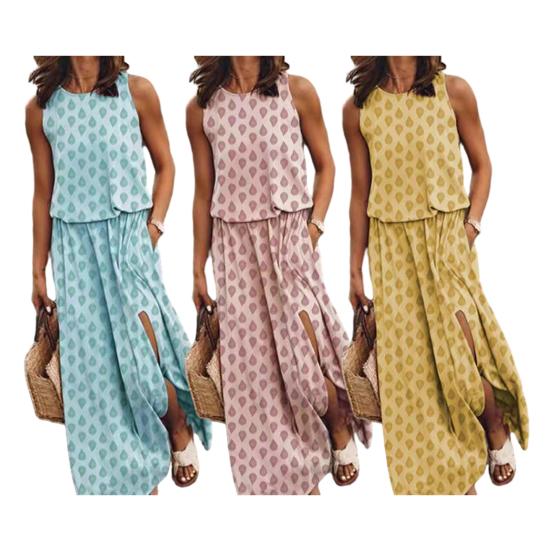 Женское платье макси без рукавов, повседневное, с круглым вырезом, эластичной талией и разрезом, длинное