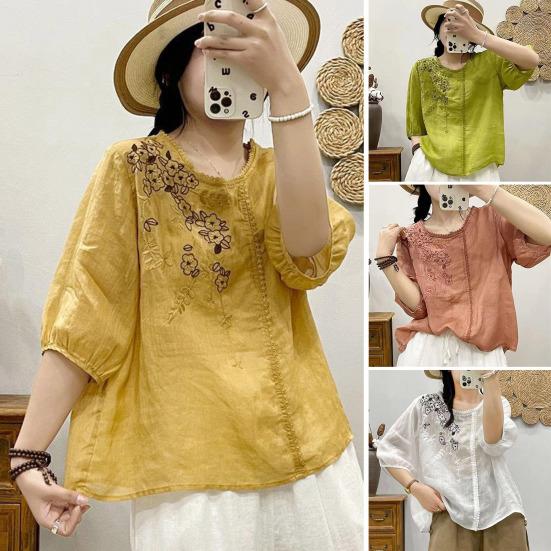 Женские топы с круглым вырезом и рукавами, вышитая футболка с цветочным узором, однотонная футболка, свободная рубашка, уличная одежда