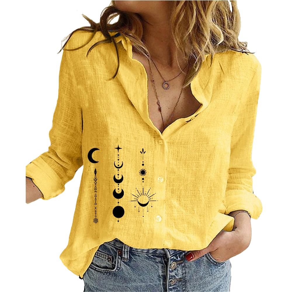 Женская модная блузка с принтом на пуговицах, свободный топ из хлопка и льна, повседневная рубашка с длинным рукавом