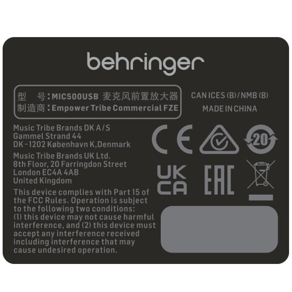 Behringer Микрофонный предусилитель 1-канальный 12AX7 Встроенный USB-аудиоинтерфейс MIC500USB