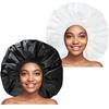 Two-Piece Extra-Large Waterproof Bath Cap Set, Reusable for Long Hair, Thick Curls, and Braided Styles (Black + White)