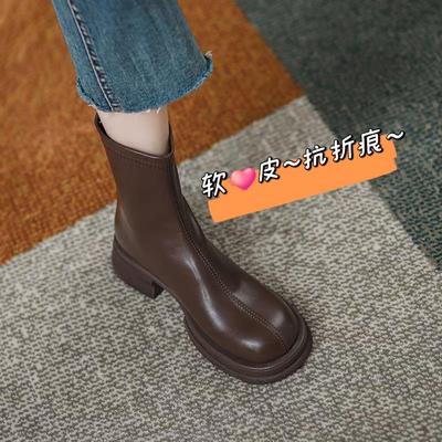 Эластичные узкие женские ботинки челси: Черная натуральная кожа, Толстая подошва, Увеличивающие рост, Ретро британский стиль Ботильоны на осень и зиму.