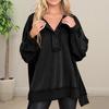 Women Sweatshirt Button Round Neck Long Sleeves Elastic Cuff Loose Solid Color Irregular Hem Pullover Casual