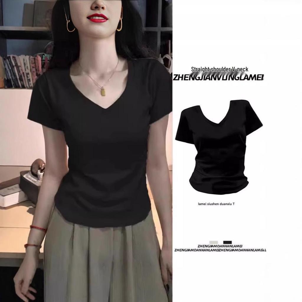 Женская летняя футболка с коротким рукавом и V-образным вырезом, облегающего кроя: Стильный, Универсальный и Высококачественный Дизайн