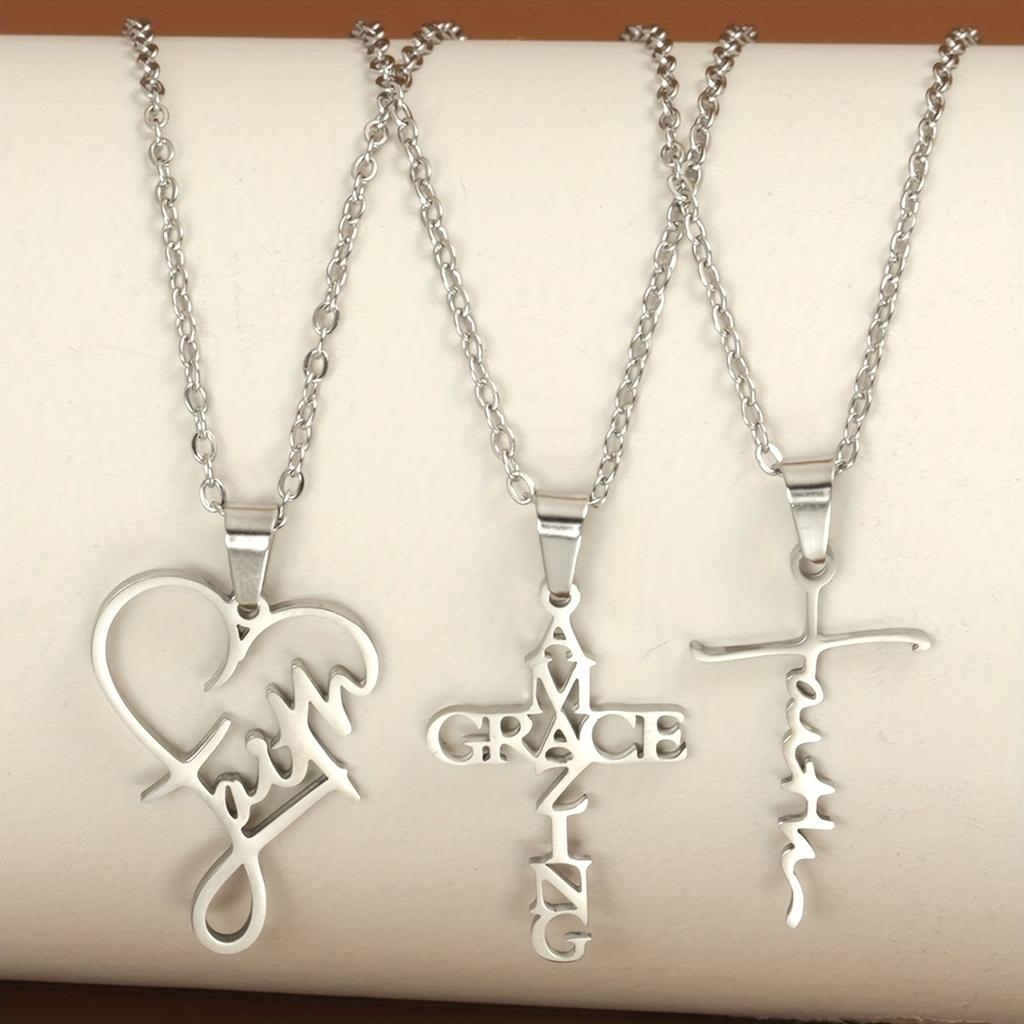 3 Stainless Steel Christian Faith Pendant Necklace, Unisex Couple Jewelry Gift