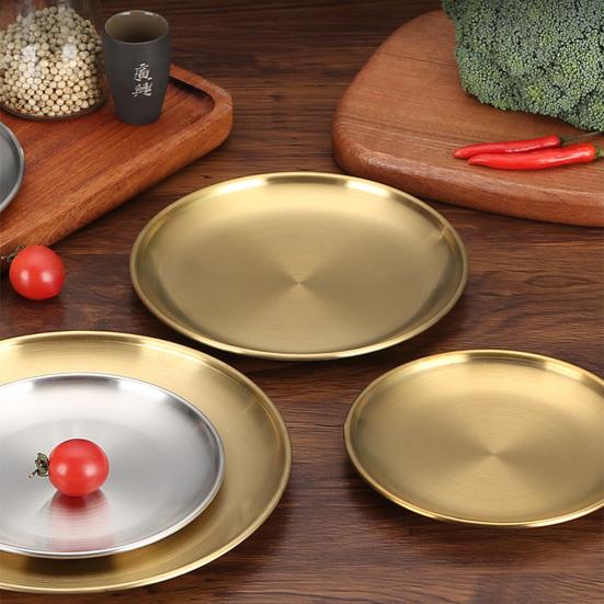 Round Dinner Plate Serving Platter Stainless Steel Barbecue Tray Korean Style Serving Dish Fruit Dessert Steak Plate