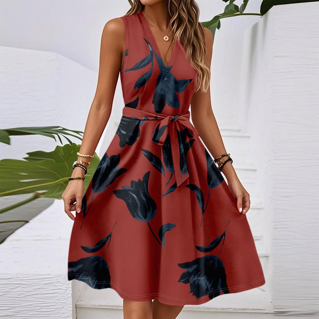 Женское весенне-летнее повседневное платье миди с V-образным вырезом без рукавов и цветочным принтом на талии