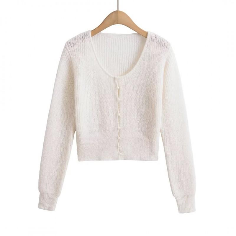 Soft Knit Cardigan Women U-Neck Short Cropped Sweater With Pearl Buttons Mohair Blend