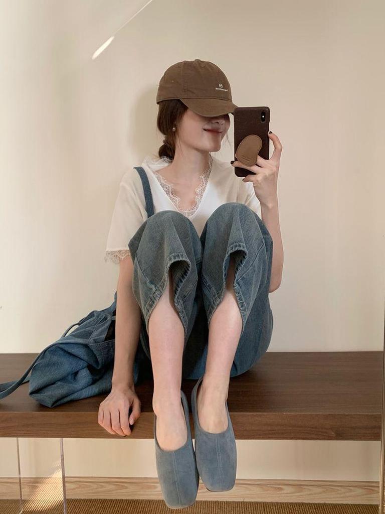 Женская летняя футболка из бамбукового хлопка с V-образным вырезом и кружевной отделкой - Корейский стиль, свободный крой, топ, молодёжный