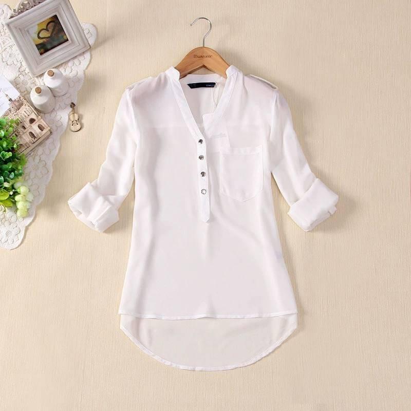 V Neck Chiffon Blouse With Large Pockets Loose Fit Long Sleeve Shirt For Women