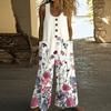 Women's Fashionable Casual Button-down Sleeveless Jumpsuit, Retro Floral Printed Cotton Pocket Jumpsuit