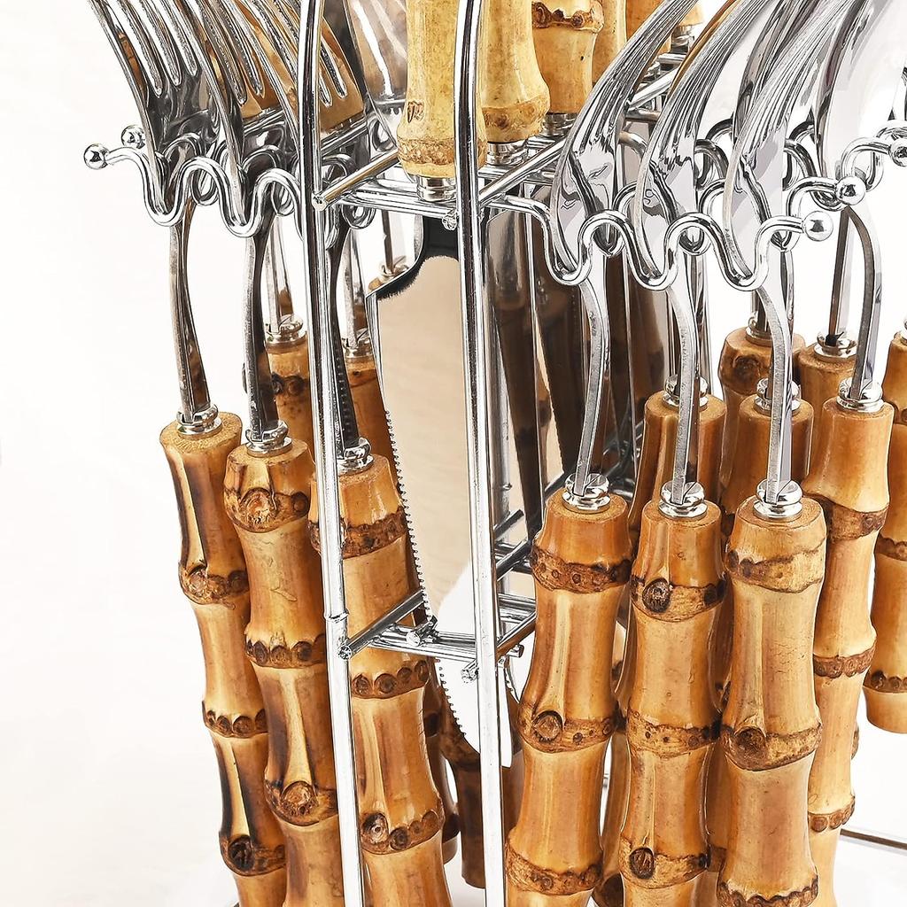 Роскошный набор столовых приборов из бамбука из 24 предметов - прочная серебристая посуда из нержавеющей стали с держателем для столовых приборов, зеркальная полировка