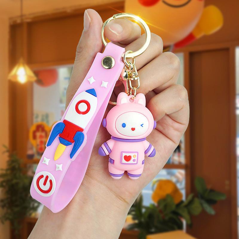 Stylish Cartoon Astronaut Bear Keychain Cute Rubber Key Accessory In Blue For Couples