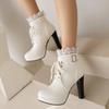 Patchwork Hollow Laces Women Lolita Shoes Platform Square High Heel Cross-tied Ankle Boots Sweet Girls Party Booties White 41 42