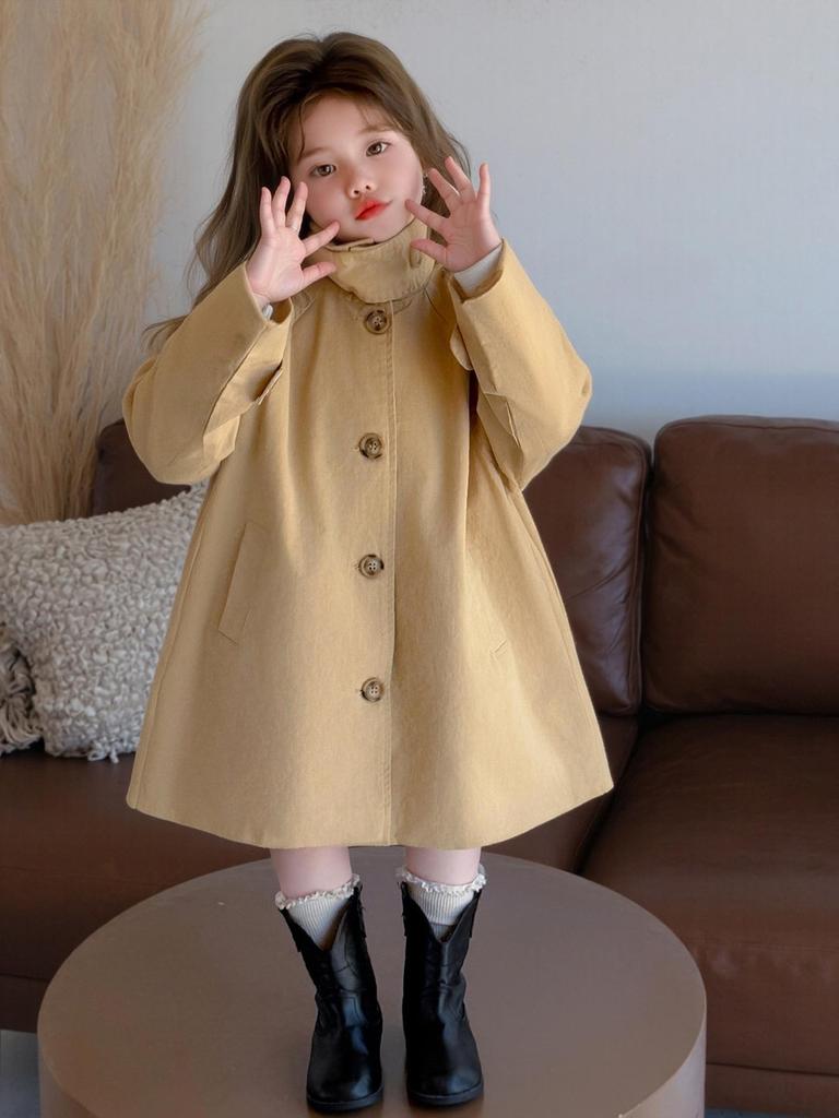 Повседневный тренч средней длины для девочек - Весенне-осенний корейский стиль с воротником с лацканами однотонный