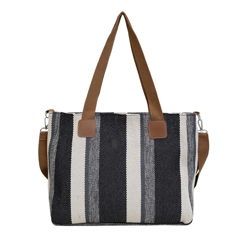 Big Bag Women's New Fashion Striped Canvas Versatile for Commuting Hand-held Tote Bag Trendy Single Shoulder Crossbody Mommy Bag