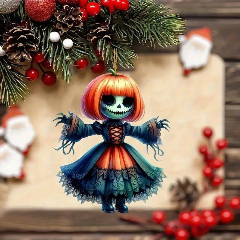 Halloween New Pumpkin Ghost Witch Pendant Girl Flat 2D Rearview Mirror Decoration Night Pendant Keychain Pendant Set Party Decoration