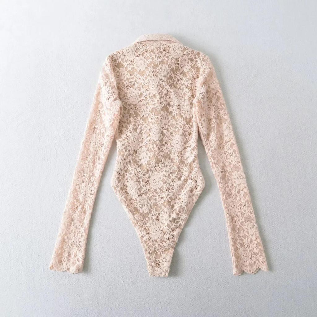 Европейский модный боди с кружевной отделкой и воротником-лацканами