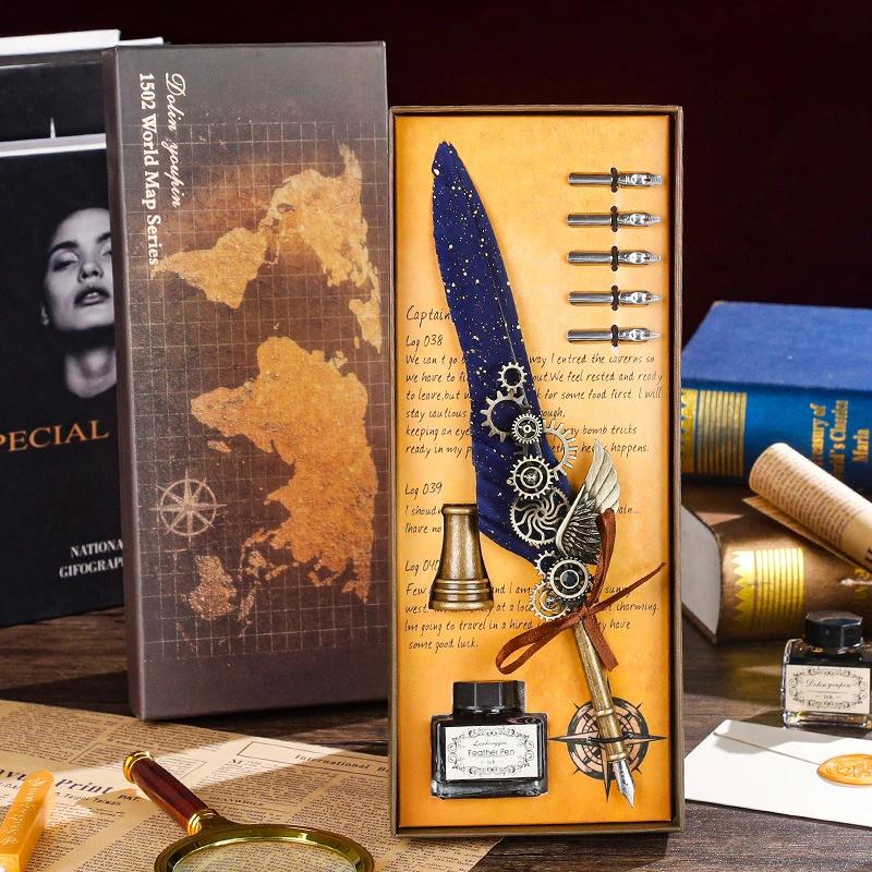 Luxury Fountain Pen Set Vintage Sprinkling Gold Feather Pens Ink Bottle Calligraphy Writing Dip Pen-s Birthday Gift 5 Nib Quill